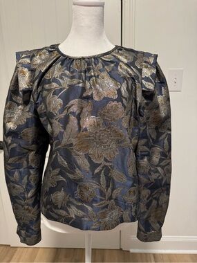 Walter Baker Metallic Floral Puff-Sleeve Top - Navy and Gold